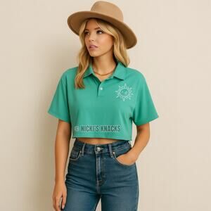 Cropped Green Polo Shirt Embroidered Short Sleeve Sporty Casual Summer Top XL